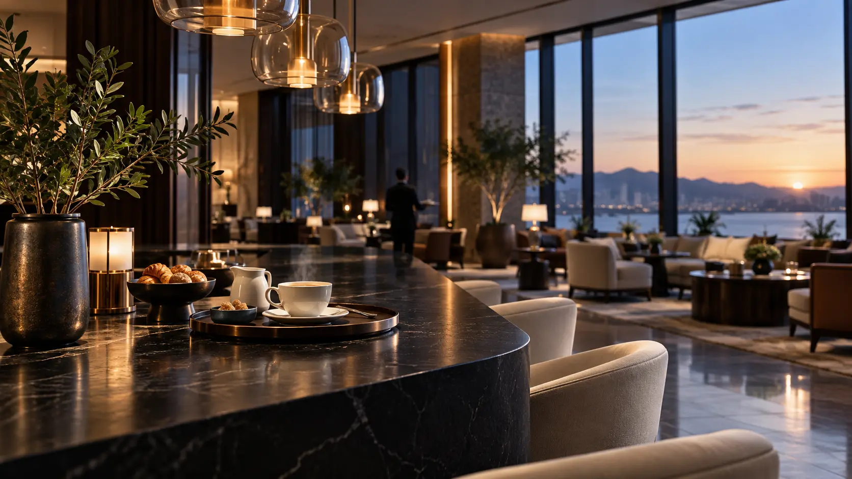 A refined hospitality lounge prepared for morning service