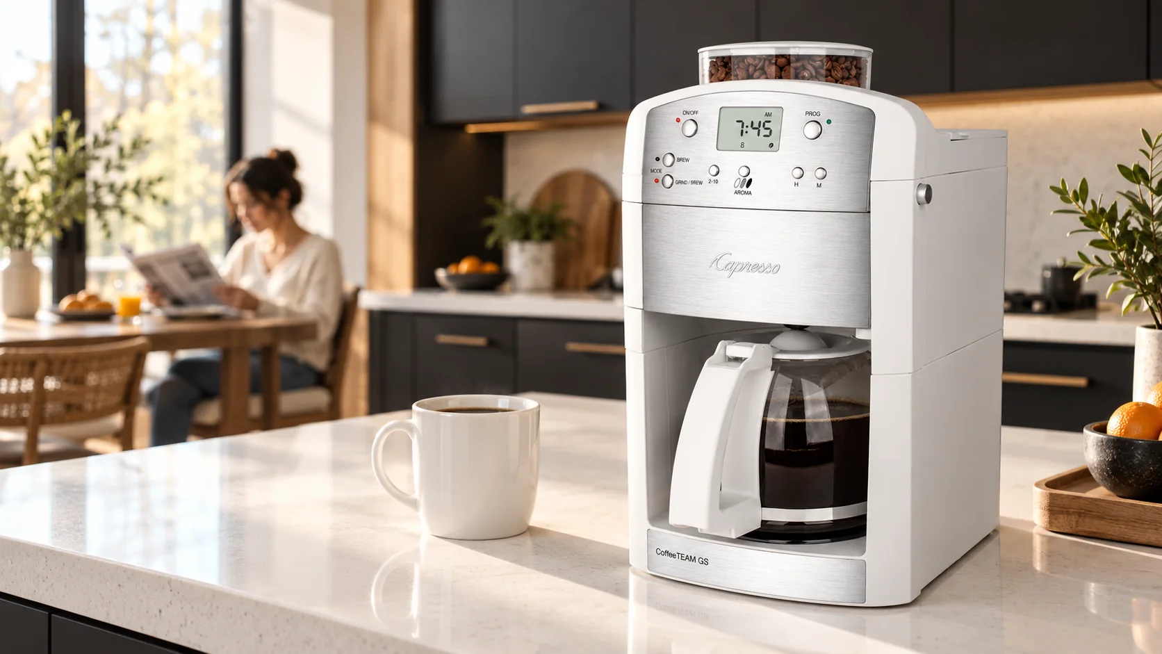 Original illustrative scene featuring Capresso CoffeeTEAM GS