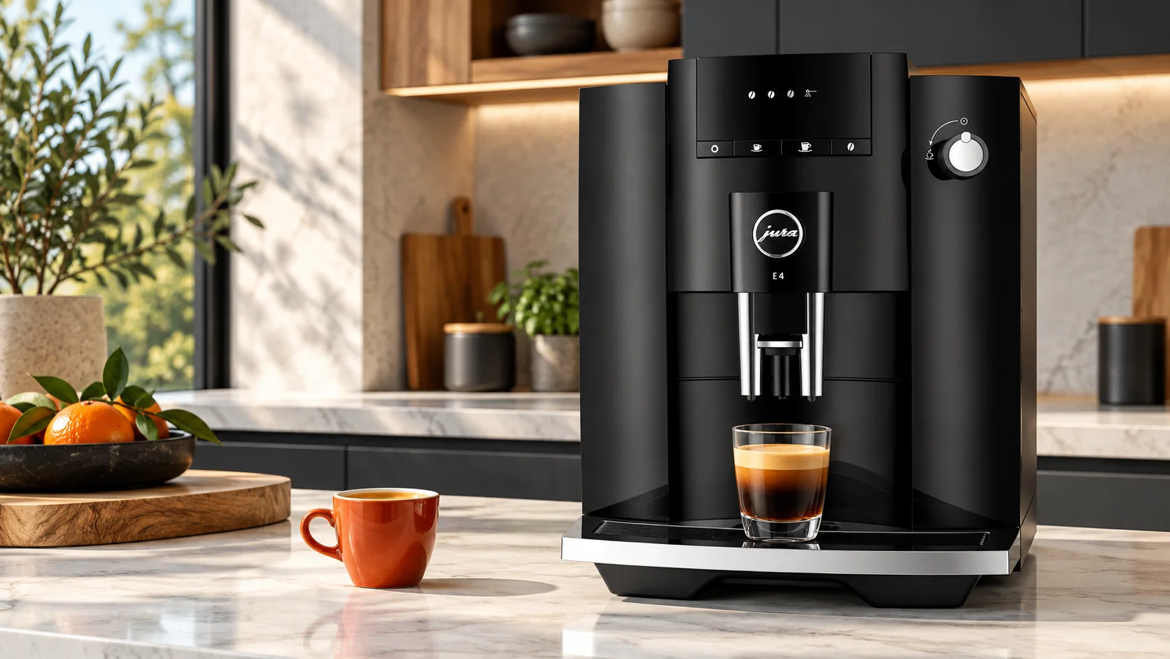 Original illustrative scene featuring Jura E4 · Piano Black