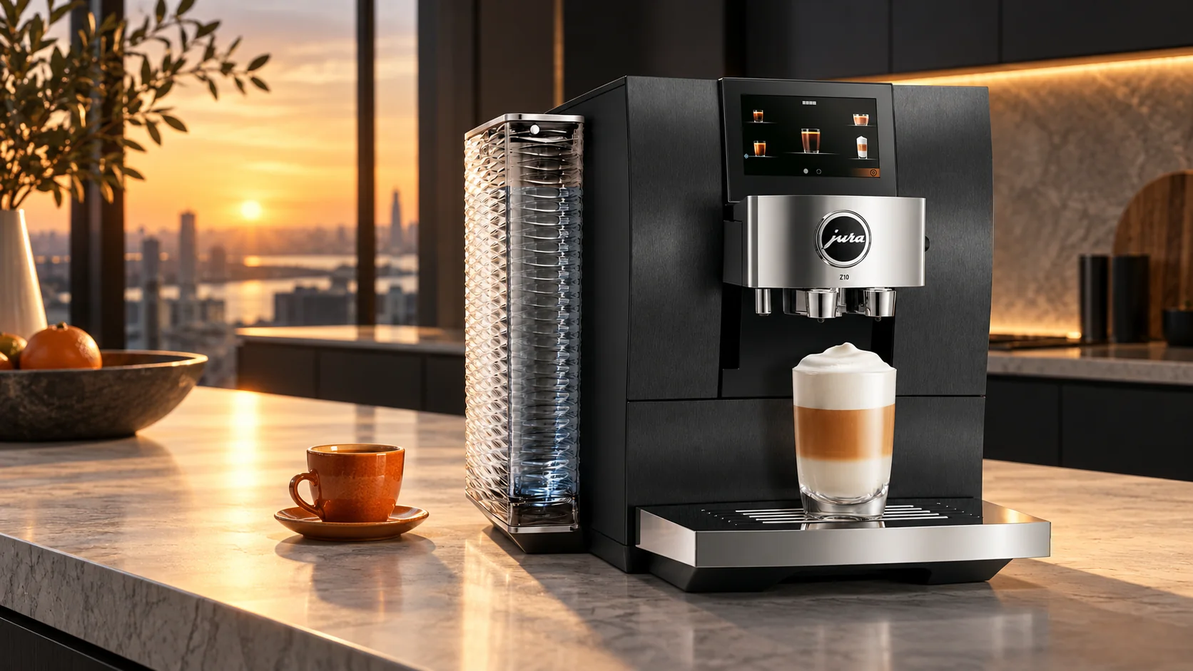 Original illustrative scene featuring Jura Z10 - Automatic + Coffee Bundle · Diamond Black